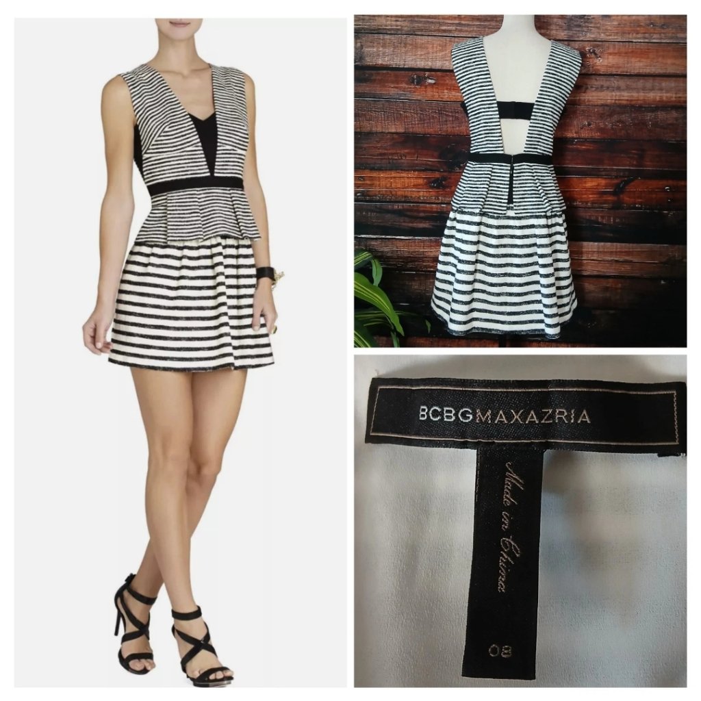 Bcbgmaxazria Piper Dress Size 8 Black White Striped Peplum